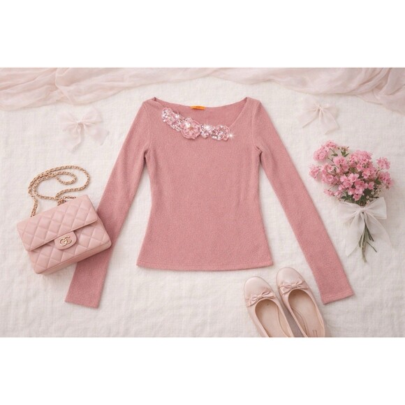 XXI Sweaters - Coquette Balletcore Pink Floral Beaded Sweater Y2K Soft Girl Knit XXI Top Med